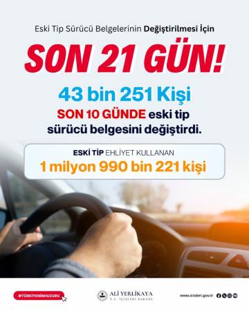 İçişleri Bakanı Yerlikaya’dan uyarı: Eski tip ehliyetler için son 21 gün İçişleri Bakanı Yerlikaya’dan uyarı: Eski tip ehliyetler için son 21 gün